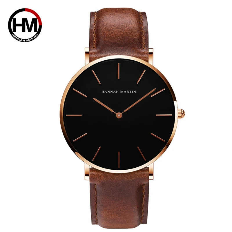 Reloj Unisex Hannah Martin – Correa de Cuero, Negro, Diseño Minimalista